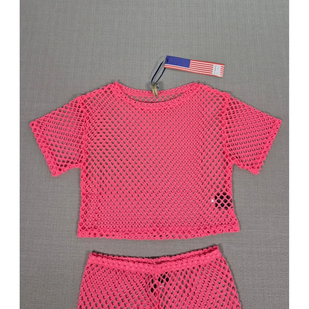 American Leisure Pink Mesh Two Piece Swimsuit Cover Up Crop Top Shorts Set S